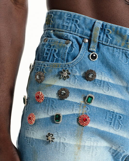 Ehrù Studios Embellished Blue Denim Jeans